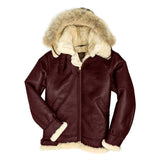 Men's Solid Color Plush Warm Hooded Leather Jacket 37881304Y