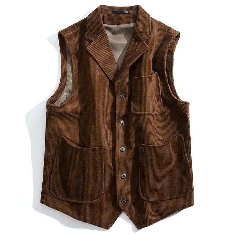 Men's Vintage Solid Corduroy Multi-Pocket Lapel Vest 26982821Y