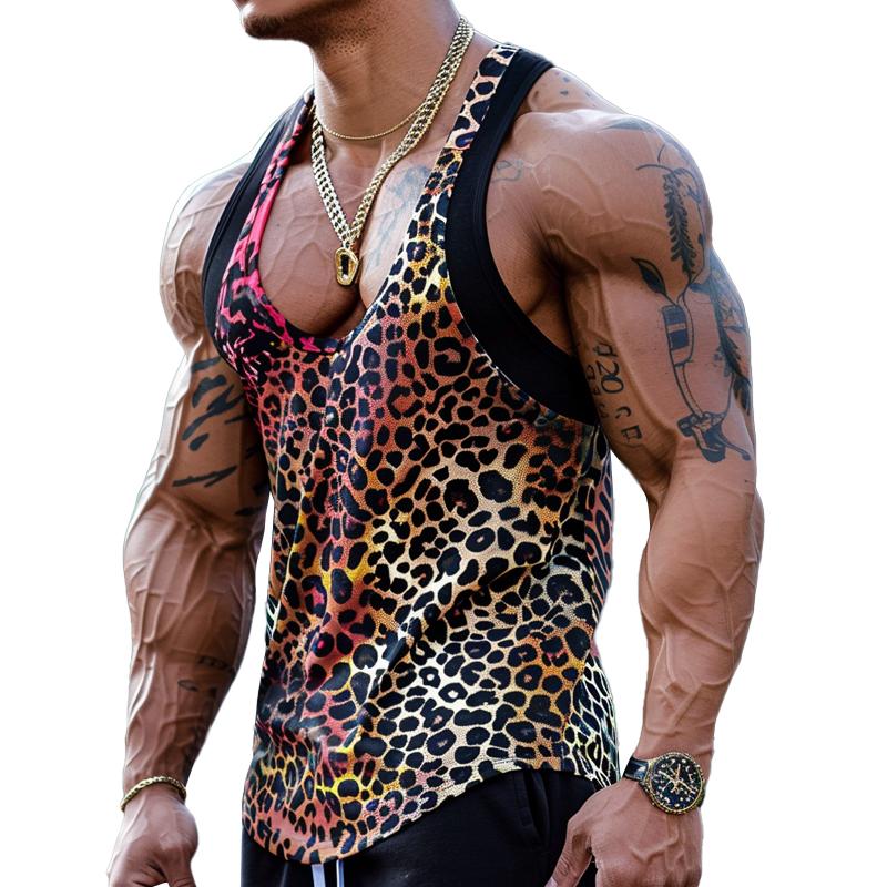 Canotta da uomo sexy con scollo a U e stampa leopardata patchwork 03756297M