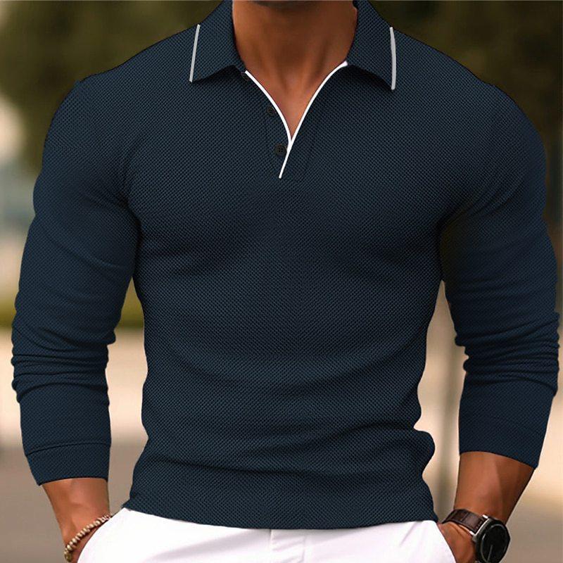 Men's Solid Color Lapel Slim Fit Long Sleeve Polo Shirt 54171993Y