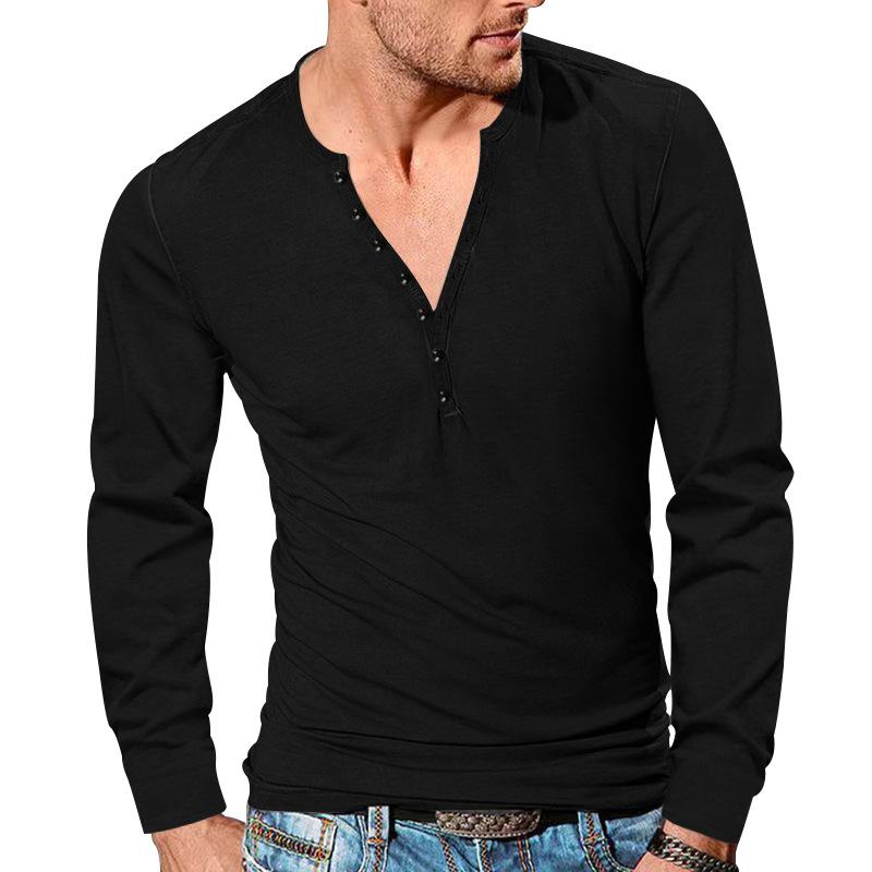 Men's Casual Henley Collar Solid Color Long Sleeve T-Shirt 08938091M