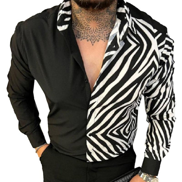 Men's Color Block Lapel Long Sleeve Leopard Print Shirt 29460245X