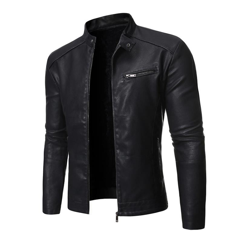 Men's Casual Solid Color Zipper Stand Collar Motorcycle Leather Jacket 91951708M