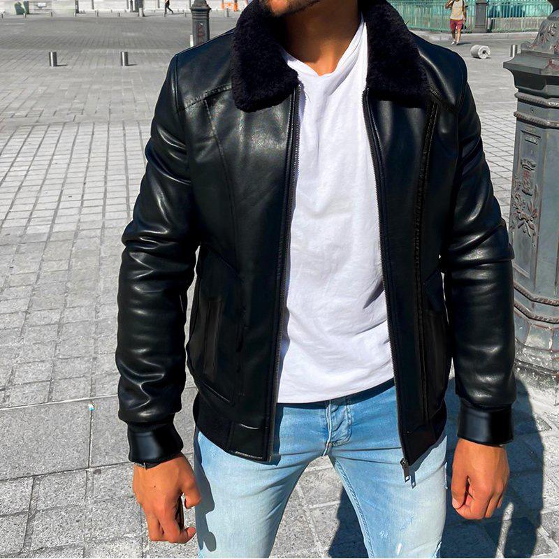Men's solid color thickened motorcycle lapel PU leather jacket 58180159X