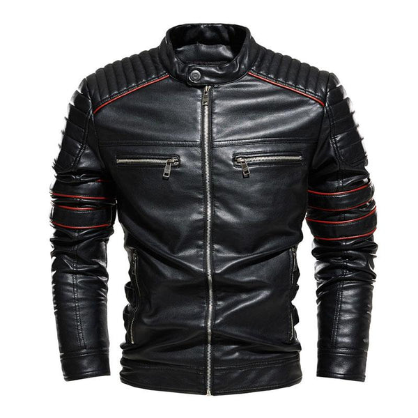 Men's Vintage Stand Collar Colorblock Slim Motorcycle Leather Jacket 18924555M