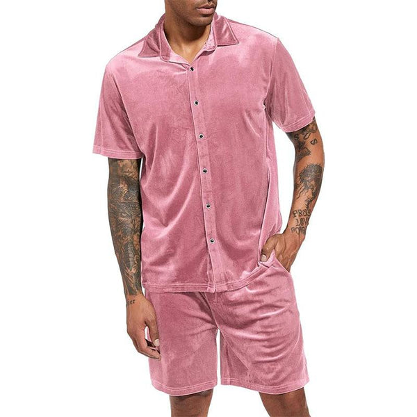 Men's Casual Loose Solid Color Velvet Short-sleeved Shirt and Shorts Set 70847239M