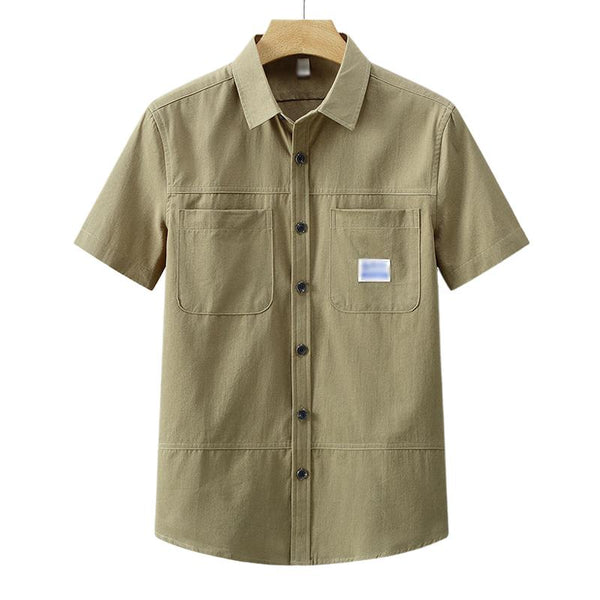 Men's Vintage Cotton Patch Pocket Loose Lapel Short Sleeve Work Shirt 25174824M