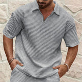 Men's Solid Color Waffle Zipper Lapel Short-Sleeved Polo Shirt 63409523Y