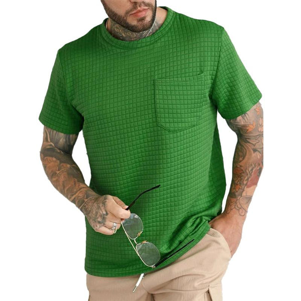 Men's Casual Solid Color Waffle Chest Pocket Round Neck Short Sleeve T-Shirt 76234960Y