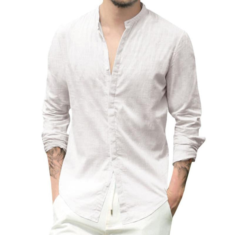 Men's Casual Stand Collar Cotton Linen Long Sleeve Shirt 82773506M