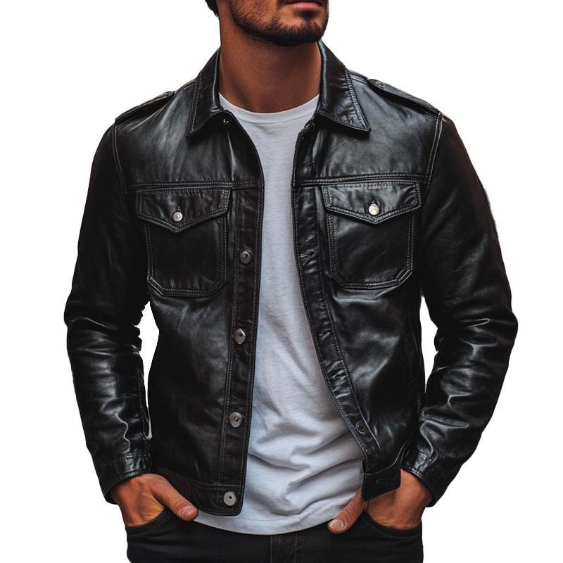 Men's Vintage Multi-Pocket Lapel Leather Jacket 07415000X