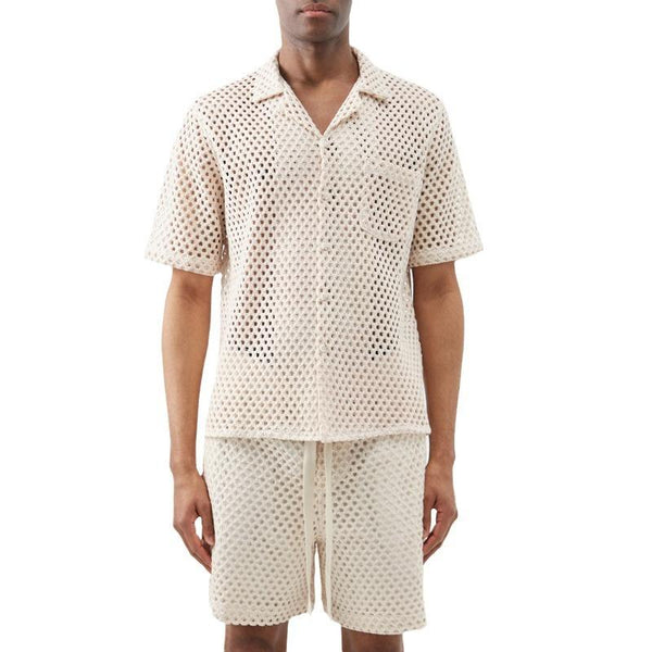 Men's Solid Hollow Out Lapel Short Sleeve Shirt Shorts Casual Set 95744244Z