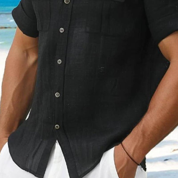 Men's Cotton And Linen Double Chest Pocket Lapel Short-Sleeved Shirt 18921854Y
