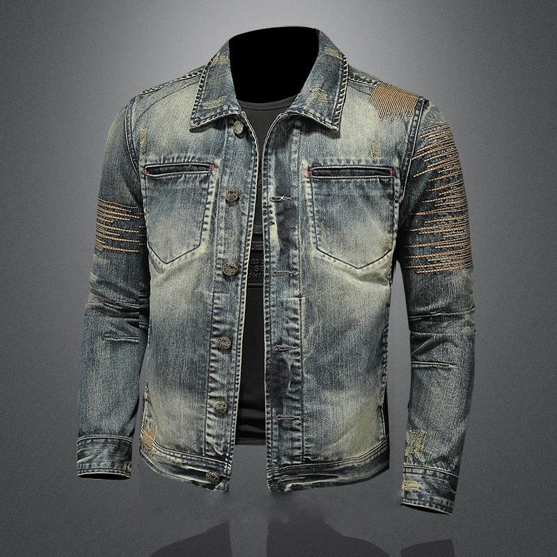 Men's Vintage Washed Lapel Slim Fit Denim Motorcycle Jacket 11204882M