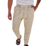 Men's Solid Color Cotton and Linen Drawstring Straight Pants 13578529X