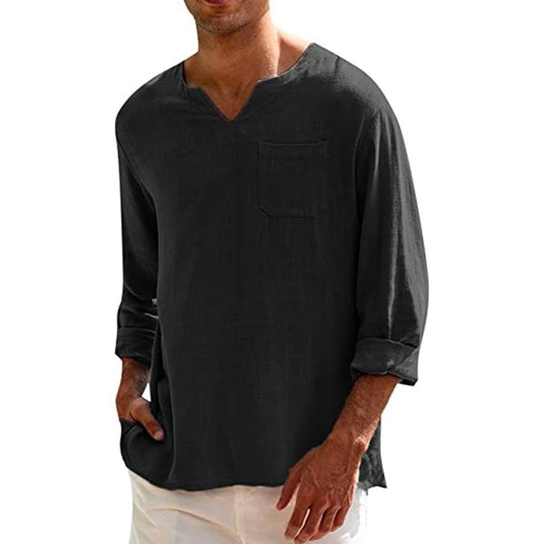 Men's Solid Color Long Sleeve V Neck Casual Beach Linen Shirt 38636263X
