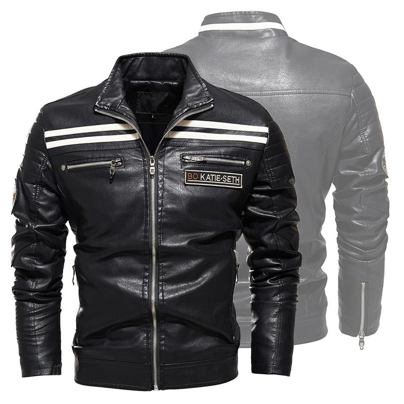 Men's Autumn Winter Motorcycle Fleece Leather Jacket 48685615U