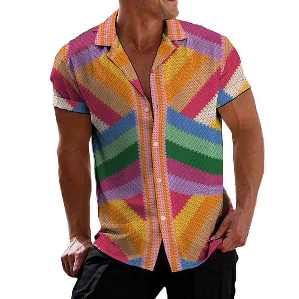 Men's Retro Striped Color Lapel Short Sleeve Shirt 32081672TO