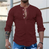 Men's Casual Linen Collarless Solid Color Long Sleeve Shirt 03103414M