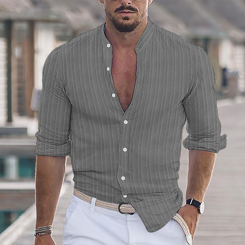 Men's Casual Solid Color Striped Stand Collar Long Sleeve Shirt 73671319Y