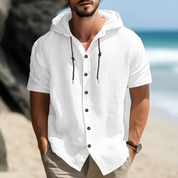 Men's Solid Loose Hooded Single Breasted Short Sleeve Shirt 61765539Z