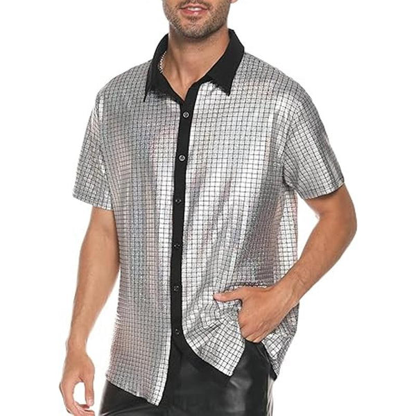 Men's Contrast Sequin Buttoned Lapel Short Sleeve Shirt 86077327X