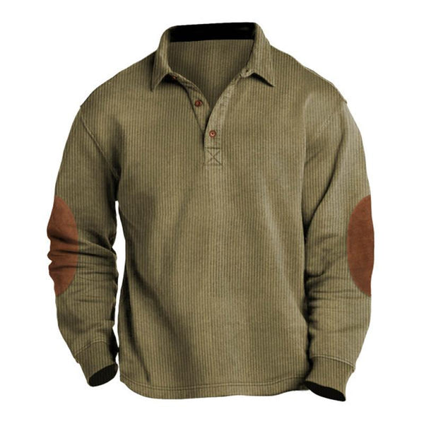 Men's Vintage Corduroy Suede Patch Lapel Long Sleeve Polo Shirt 07143483M
