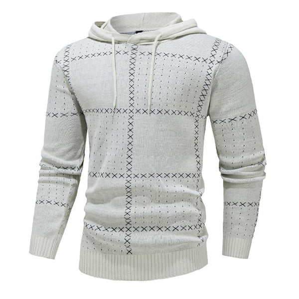 Men's Jacquard Knit Plaid Patchwork Hooded Sweater 96556971X