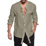 Men's Stand Collar Cotton and Linen Loose Long Sleeve Shirt 65664404U