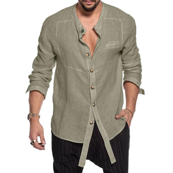 Men's Stand Collar Cotton and Linen Loose Long Sleeve Shirt 65664404U