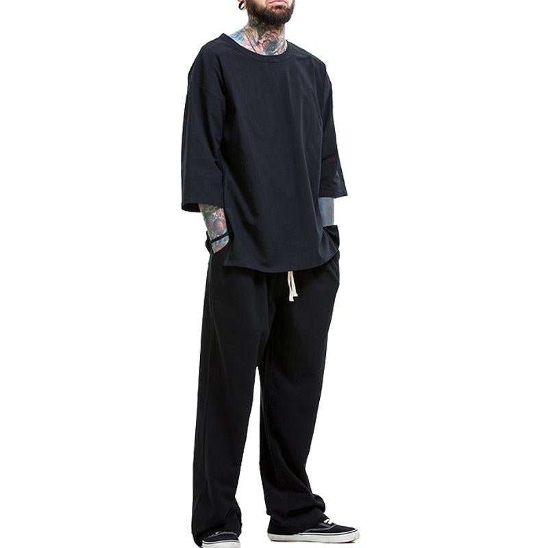 Men's Vintage Solid Linen Short Sleeve T-Shirt Set 80446337Y