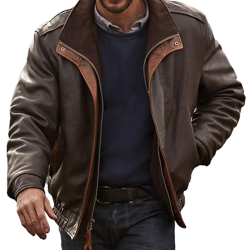 Men's Vintage Double Collar Leather Long Sleeve Zip Fly Bomber Jacket 26675178M