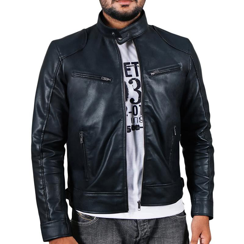 Men's PU Leather Stand Collar Slim Fit Leather Jacket 61353725U