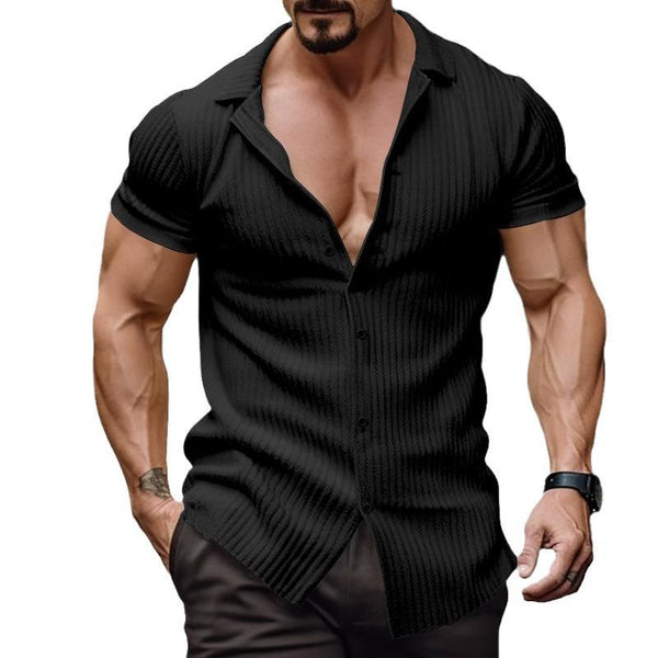 Men's Solid Striped Lapel Short Sleeve Casual Shirt 07029911Z