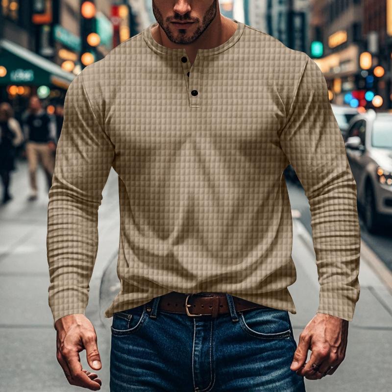 Men's Solid Waffle Button-Down Crew Neck Long Sleeve T-Shirt 40989009Y