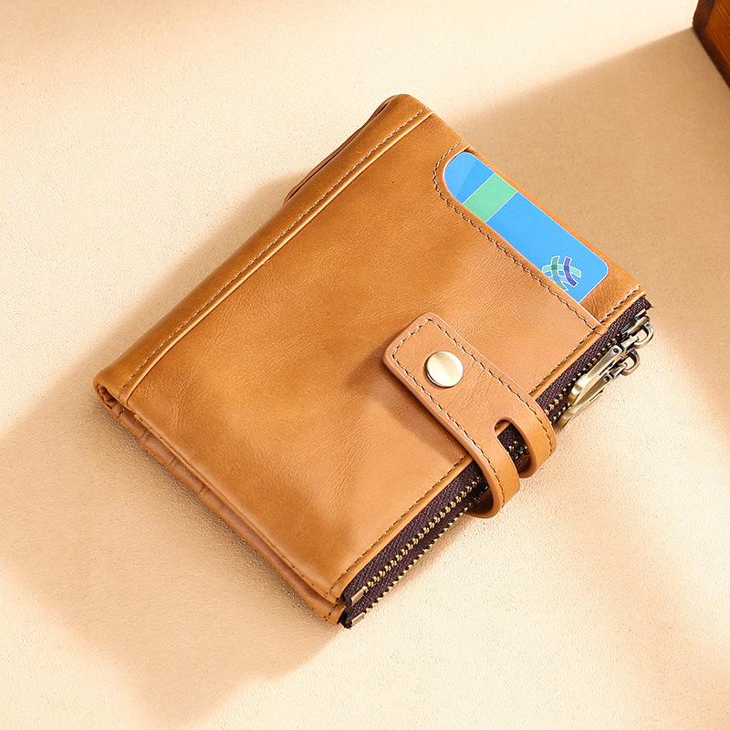 Men's Genuine Leather RFID Anti-theft Double Zipper Wax Wallet 87400898U