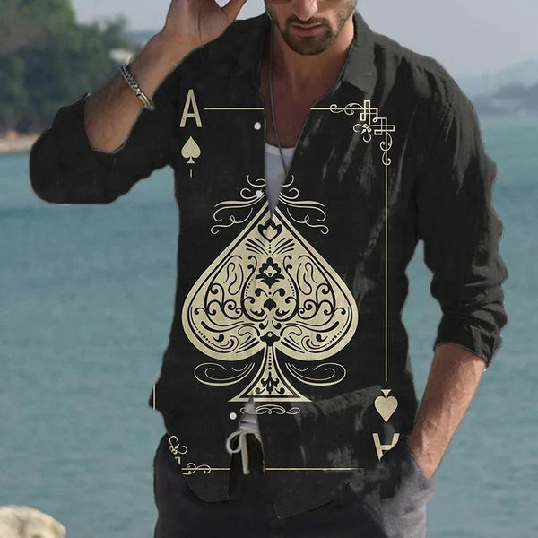 Men's Poker Print Long Sleeve Lapel Shirt 25049520X