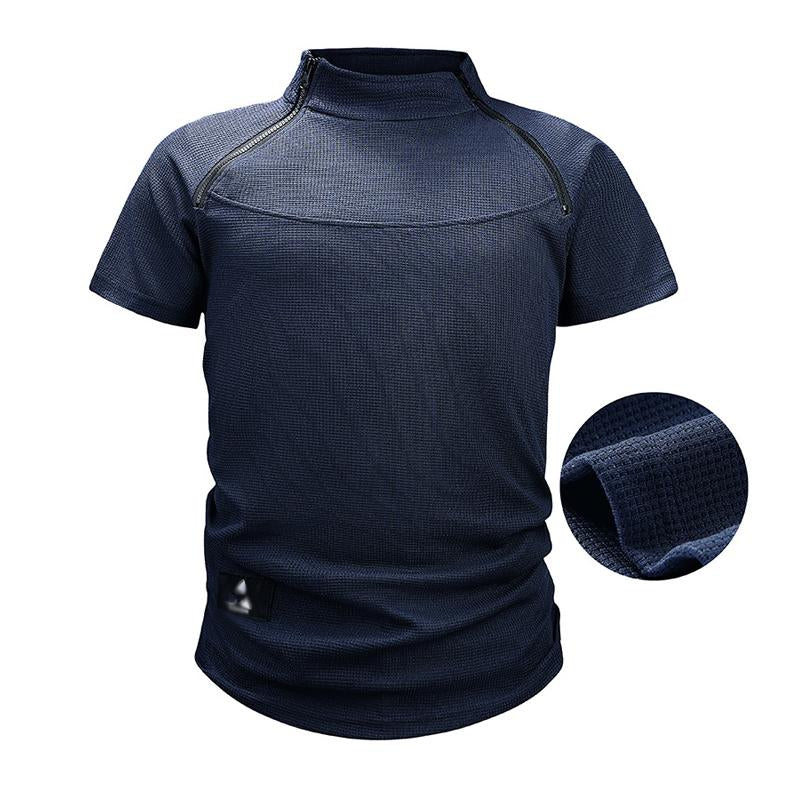 Men's Waffle Outdoor Tactical Loose Stand Collar Short-sleeved T-shirt 22280011X