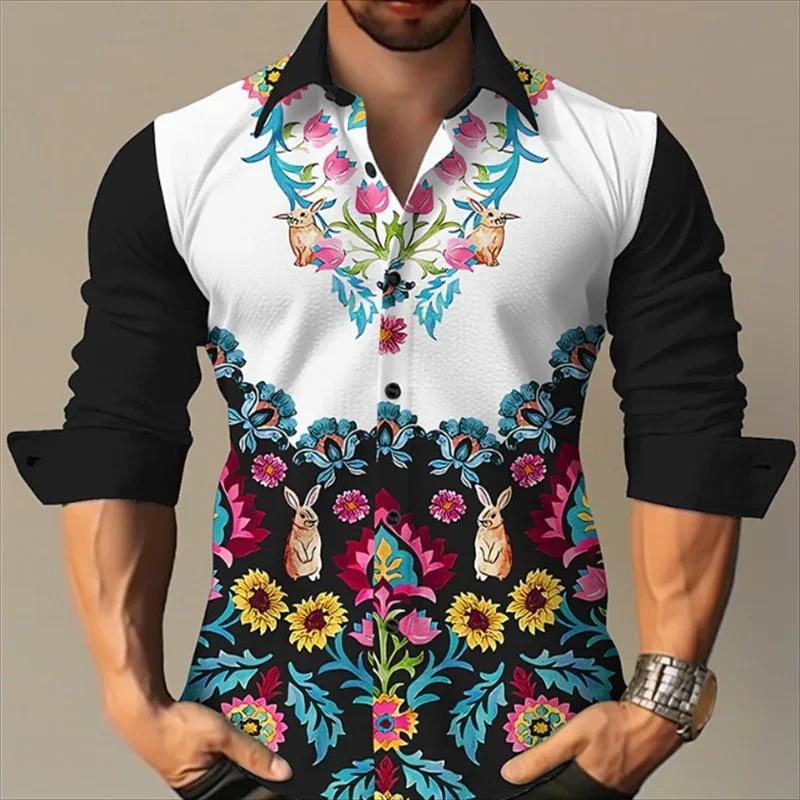 Men's Floral Print Long Sleeve Lapel Shirt 73011023X