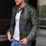 Men's Vintage Stand Collar Punk Zipper Leather Biker Jacket 03694388M