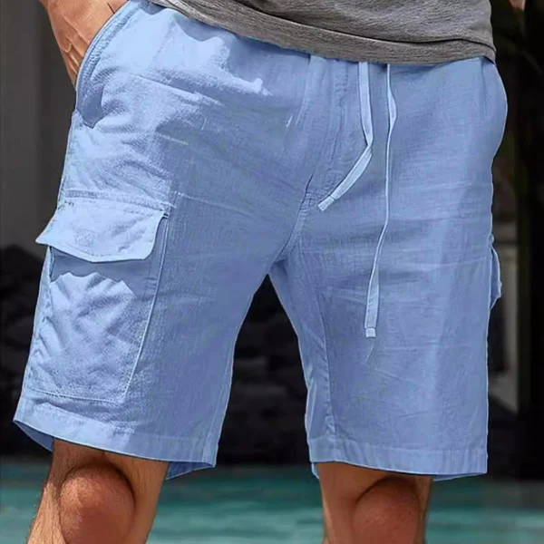 Short de plage droit décontracté en coton et lin pour homme, à poches multiples, 37478281M