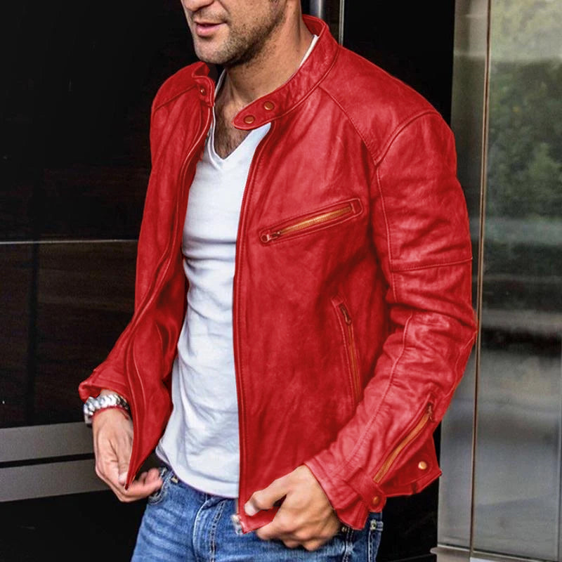 Chaqueta motera de cuero con cremallera punk con cuello alto vintage para hombre 03694388M