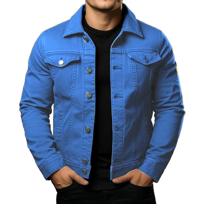 Men's Classic Solid Color Lapel Single Breasted Cargo Denim Jacket 27164796M