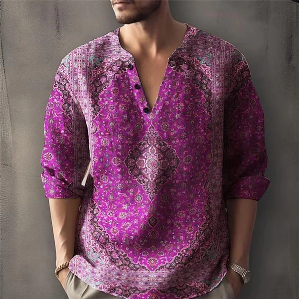 Men's Casual Vintage Print V-Neck Long Sleeve Shirt 77161163Y