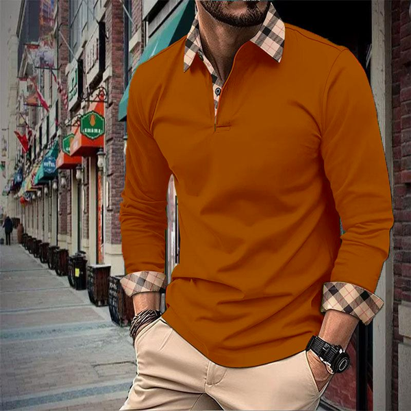 Men's Vintage Plaid Patchwork Lapel Slim Fit Polo Shirt 98022467M
