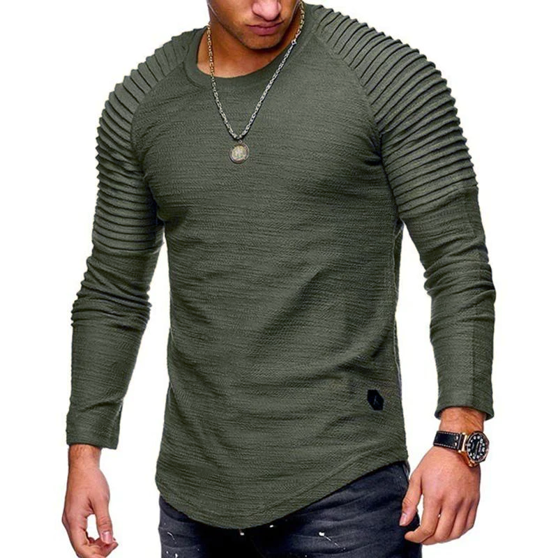 Men's Casual Solid Color Pleated Stitching Round Neck Long Sleeve T-Shirt 46273311M