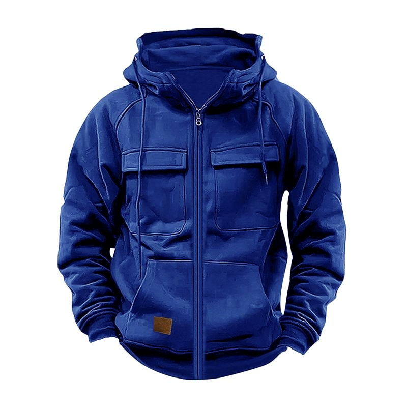 Men's Casual Solid Color Hooded Multi-Pocket Sweatshirt Jacket 17773365Y