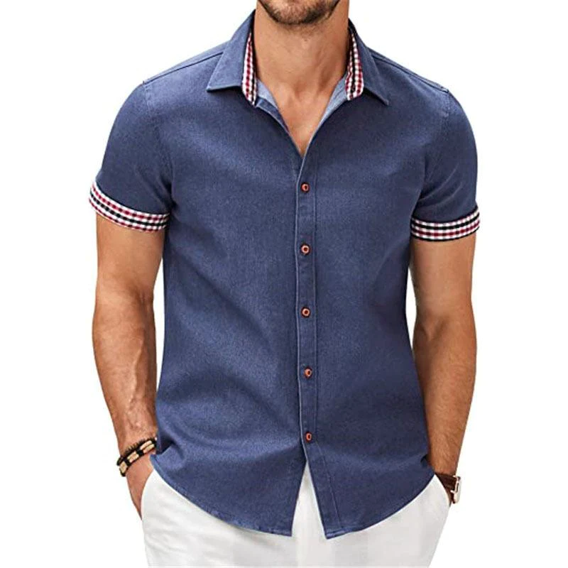 Men's Casual Check Print Stitching Lapel Short Sleeve Shirt 43927495Y