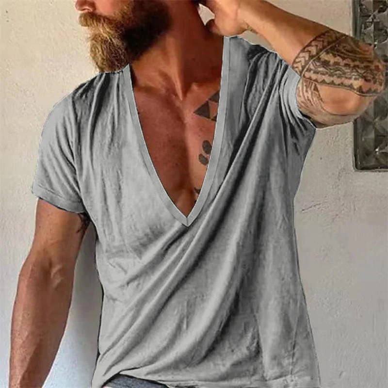 Men's Casual Solid Color V-Neck Short-Sleeved T-Shirt 19594146M ...
