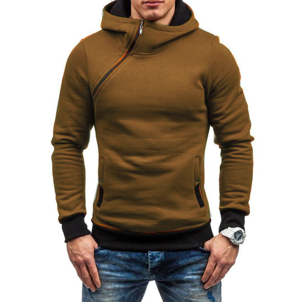 Men's Casual Contrast Color Diagonal Zipper Long Sleeve Pullover Hoodie 93942704M